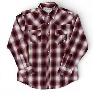 Vintage Wrangler Wrancher Plaid Shimmer Shirt Cowboy Pearl Snap Front Up Rodeo L